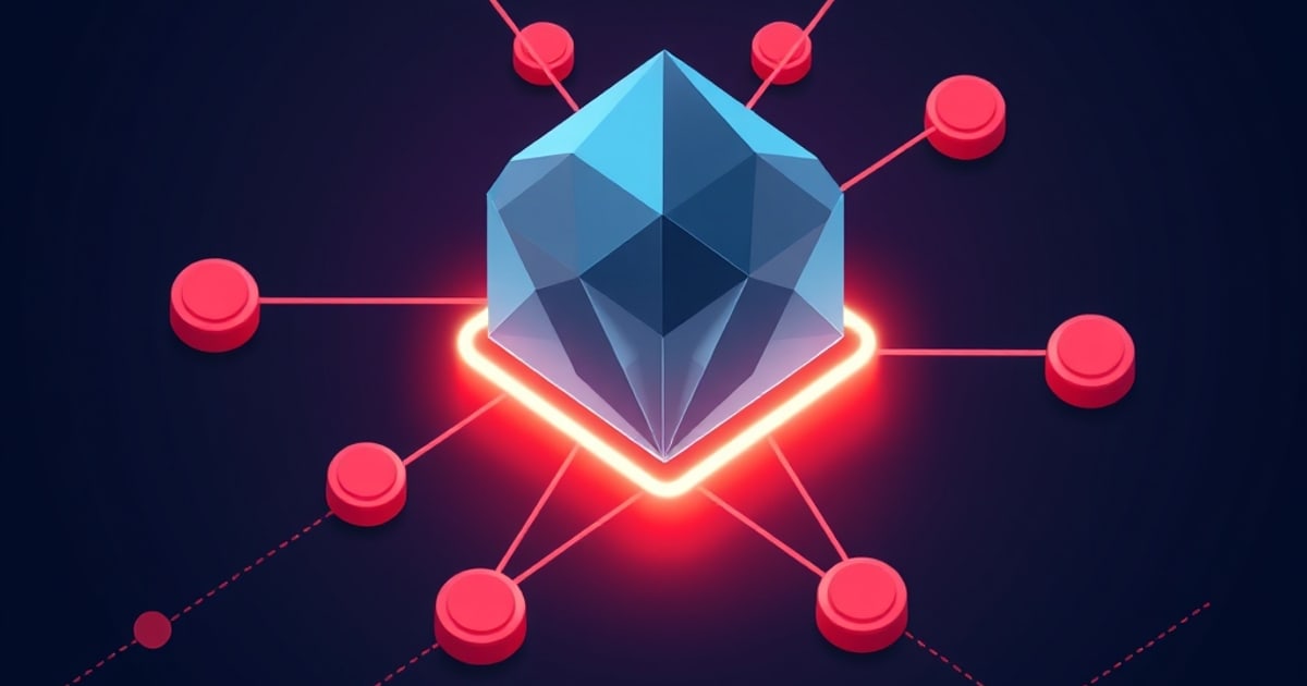 Flat isometric illustration of a steel-blue faceted gem sitting inside a glowing red neon diamond outline, red puck nodes on radiating spokes.