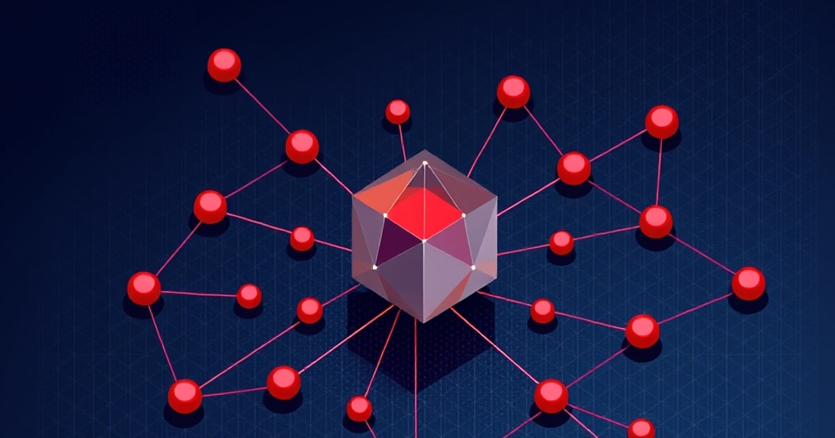 Flat isometric illustration of a translucent grey icosahedron with a red glowing core at the hub of a wide red ball-and-stick node web on deep blue.