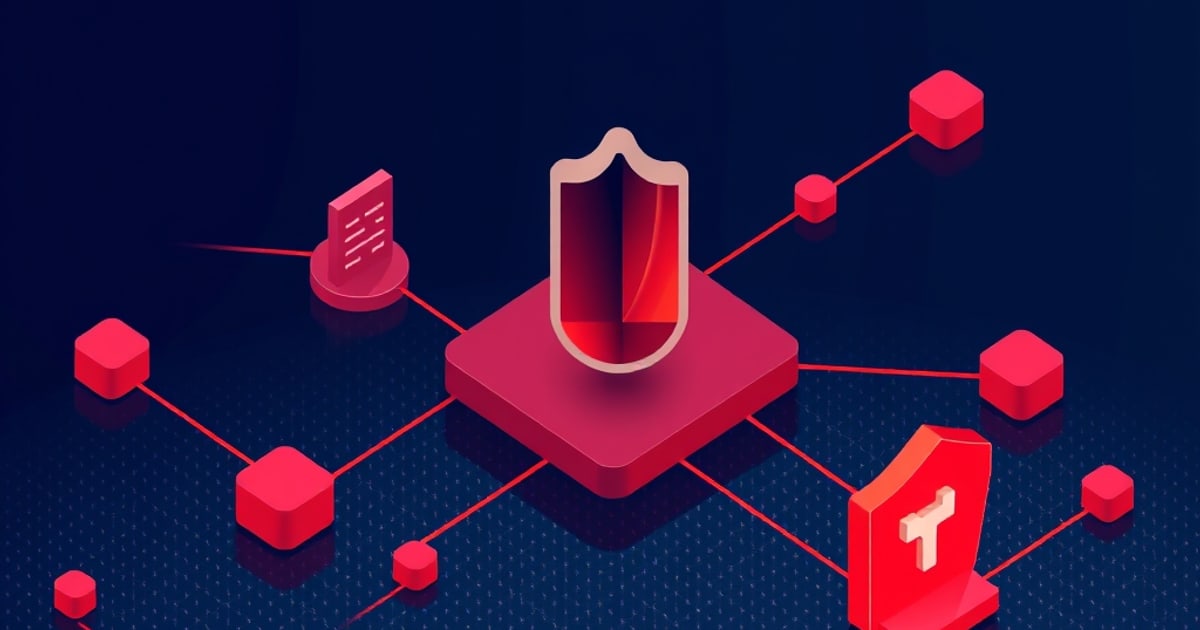 Isometric red shield on a raised pink platform on dark navy, linked by thin red lines to red cubes, a small document card and a second shield