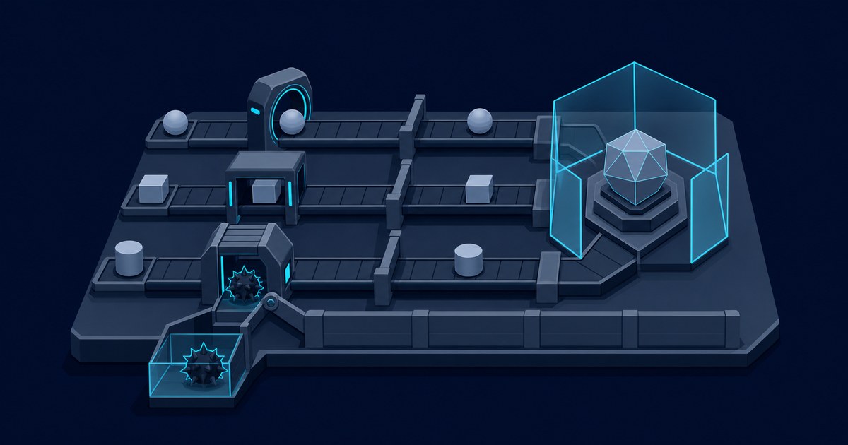 Isometric dark blue factory floor where conveyor belts carry pale blocks through scanning arches while spiky items drop into a glowing quarantine box.