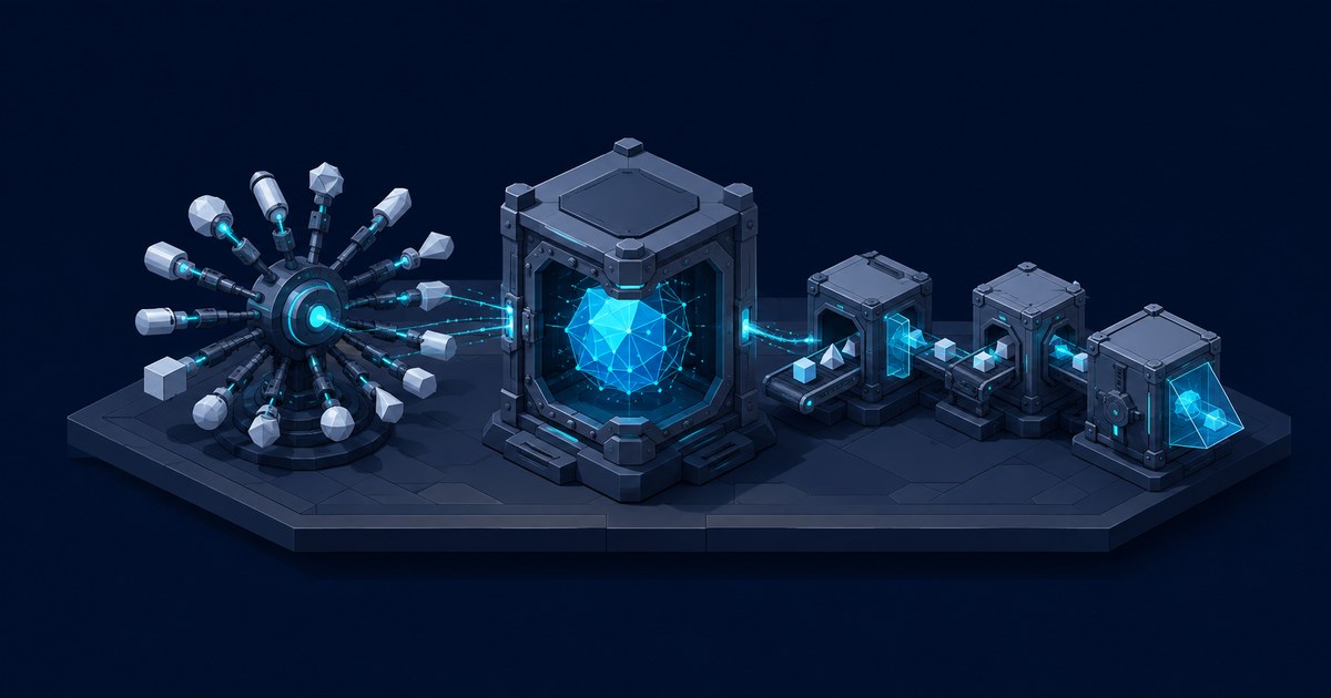 Isometric sci-fi machines route glowing cyan data through a central AI core and modular test stations, evoking an LLM red-team tool comparison.