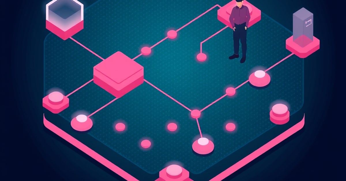 Isometric platform of glowing pink nodes where a lone human figure stands beside a machine cabinet, representing probes for physical danger in embodied agents