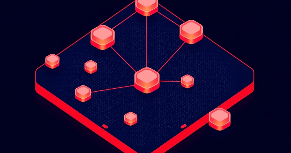 Isometric dark navy slab with a glowing red edge, studded with red hexagonal nodes joined by thin red lines radiating from a larger central node